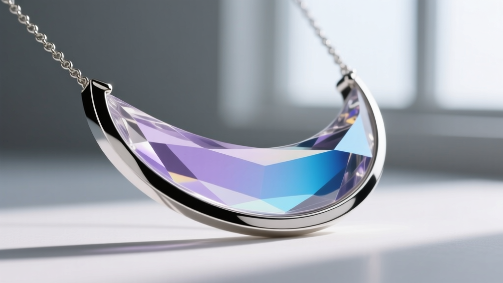 Side profile of a mood necklace showing the epoxy resin seal around the thermochromic crystal layer and a polished silver bezel