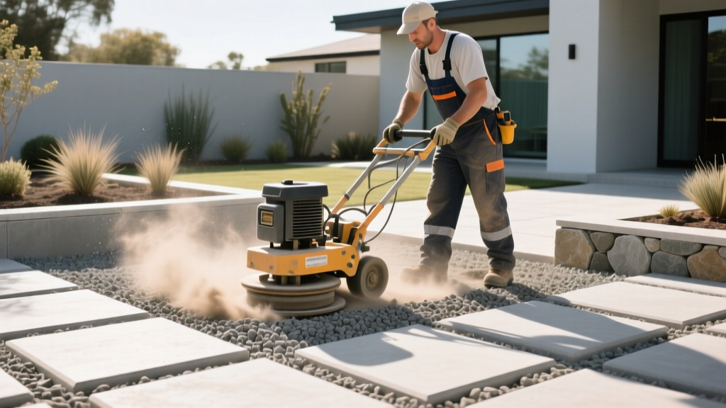 Landscaper using vibratory plate compactor over crushed gravel sub-base while installing permeable concrete pavers for modern outdoor patio