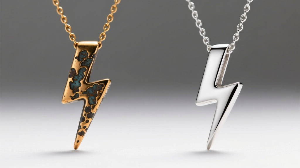 Macro comparison of a tarnished brass lightning bolt necklace and a pristine sterling silver version under bright studio lighting.