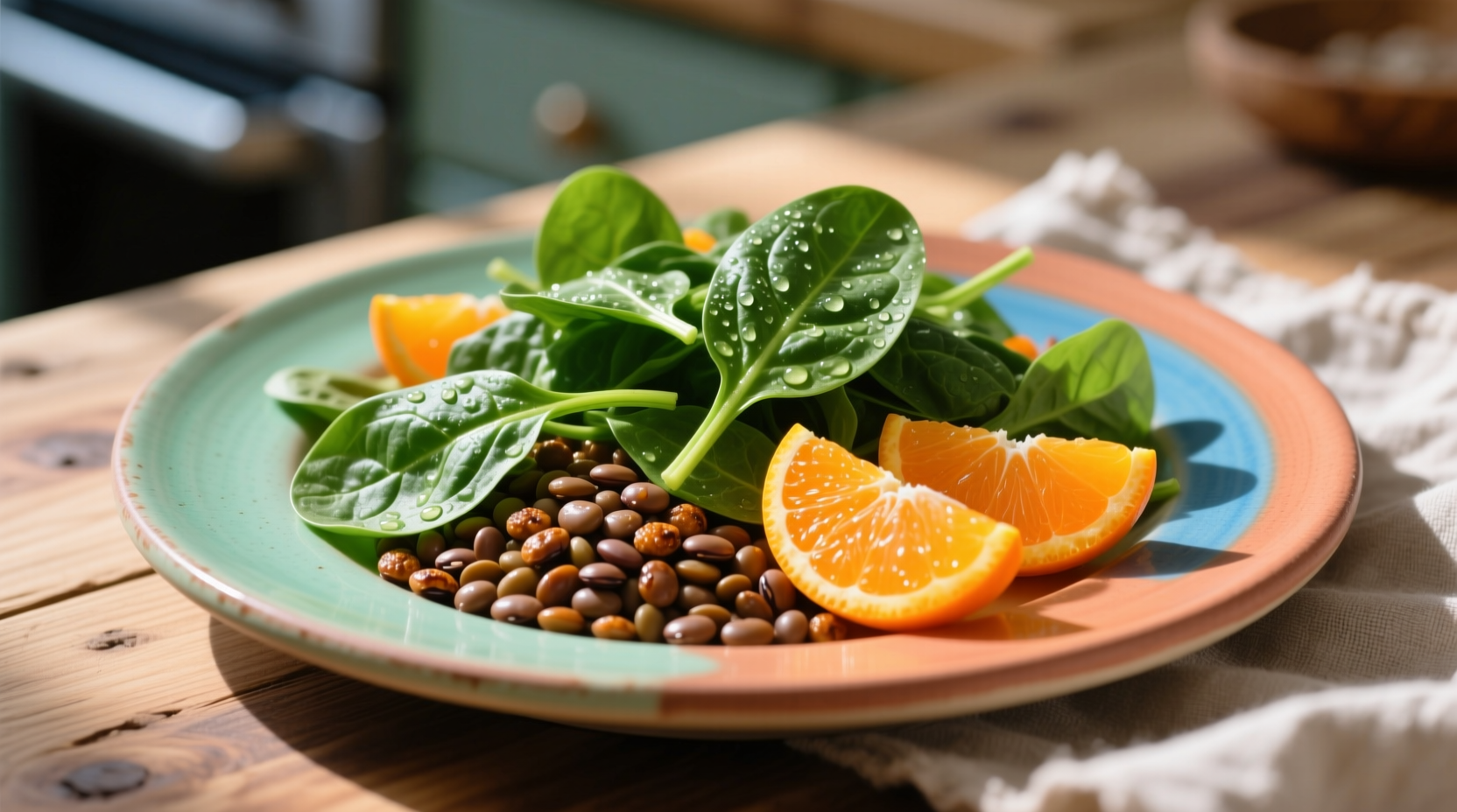 Colorful plate with spinach, lentils, and oranges