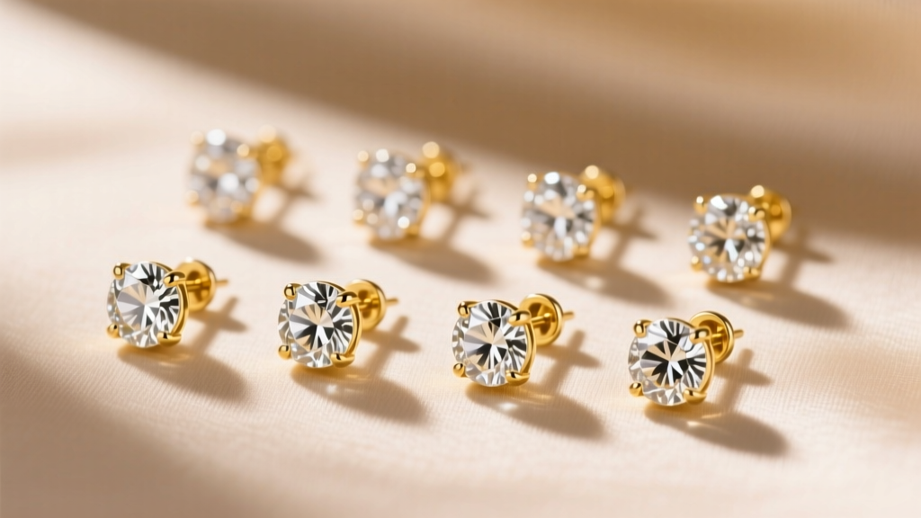 Flat lay of 14k yellow gold stud earrings with round-cut clear crystals on soft beige silk background under natural lighting.