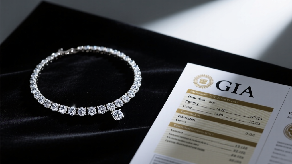 Classic diamond necklace on dark velvet next to a grading report, lit by soft dramatic lighting for an elegant, moody feel.