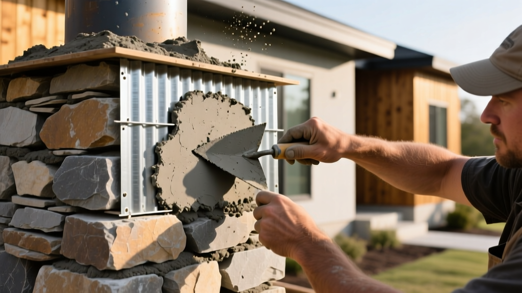 Mason troweling gray mortar onto metal lath while installing irregular rustic stone veneer on an exterior residential chimney facade.