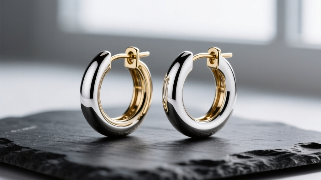 Macro shot of 50mm 14k white gold big hoop earrings on dark slate, highlighting bright rhodium finish and secure hinged clasp.