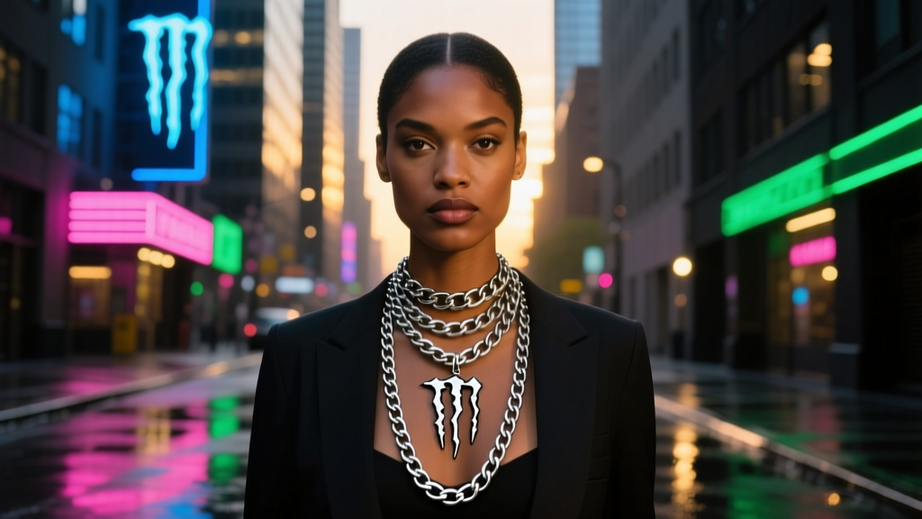 Model wearing a layered necklace stack with a silver Monster Energy claw pendant and thick Cuban chain, urban neon background