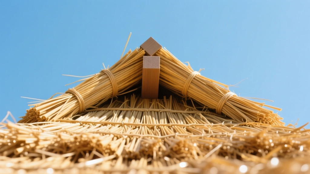 Close-up of a meticulously layered golden wheat straw thatched roof with a decorative block-cut ridge against a clear blue sky
