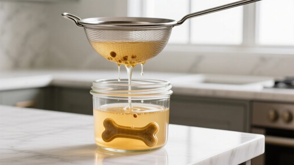 Straining golden homemade dog bone broth through a fine mesh sieve into glass storage jars, separating the liquid from cooked bones.