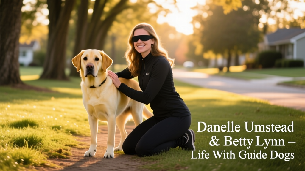 Danelle Umstead kneeling beside BettyLynn, her first yellow Labrador guide dog, during a training session