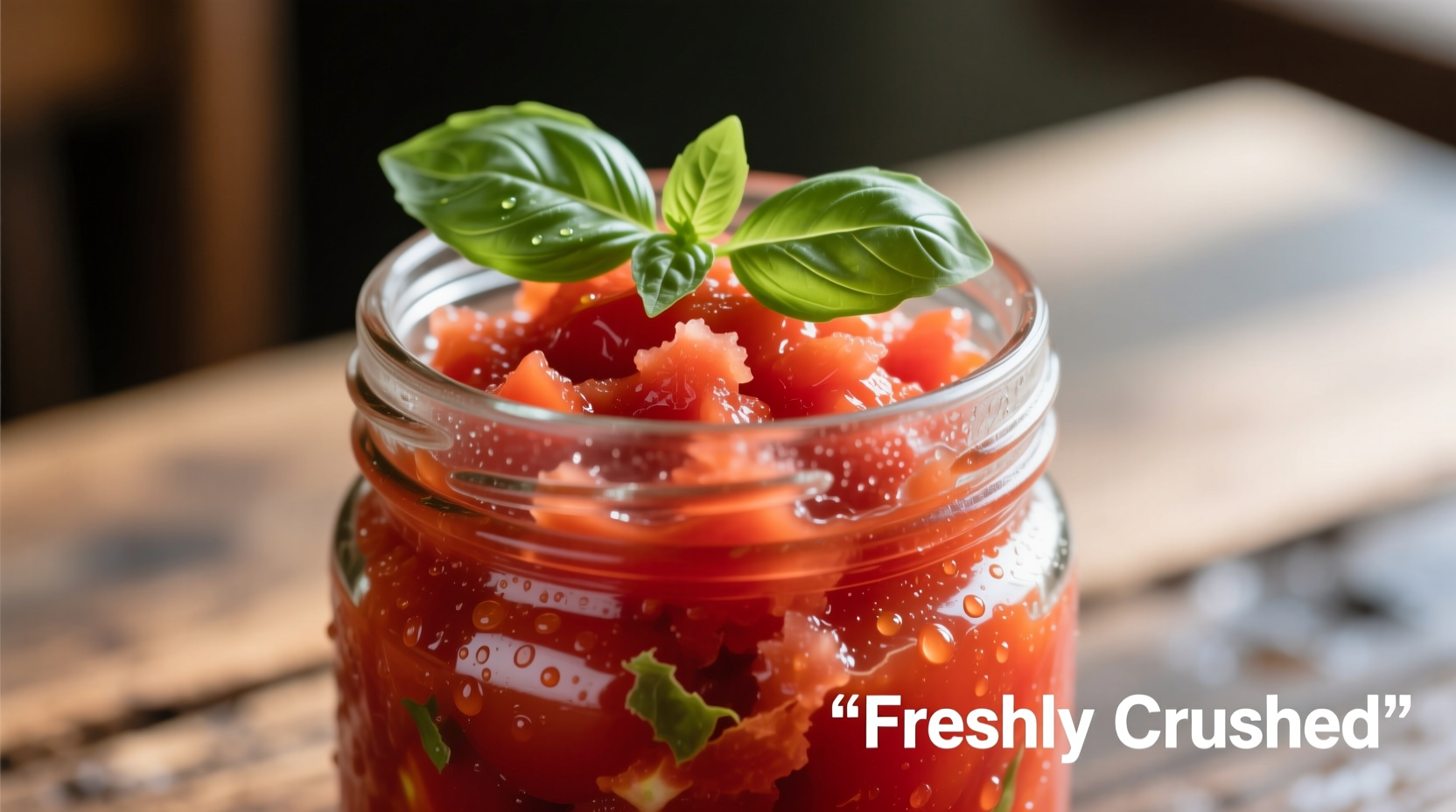 Fresh crushed tomatoes in glass jar with basil garnish