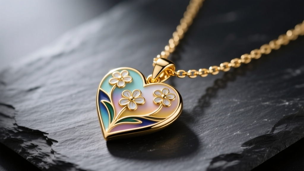 Macro photo of 18k gold vermeil Jane Win heart talisman necklace on dark slate, highlighting intricate enamel details and chain.