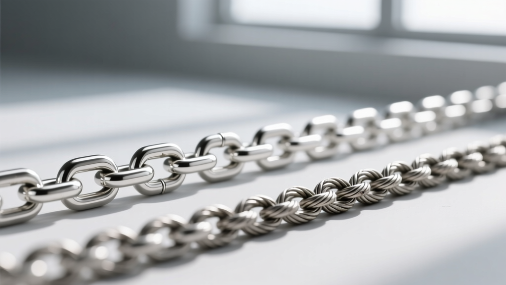Extreme close-up comparing a soldered 1.5mm sterling silver box chain link next to an unsoldered cable chain under bright light