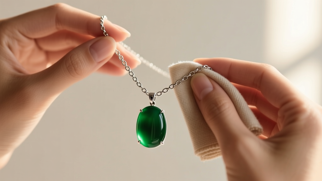 Hands gently polishing the silver chain of a green onyx pendant necklace with a dry microfiber jewelry cloth, avoiding the stone
