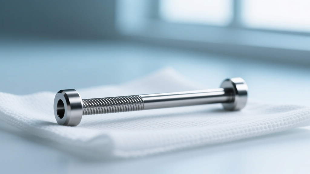 Macro shot of a 14-gauge titanium industrial barbell resting on sterile gauze, highlighting polished metal and threading details