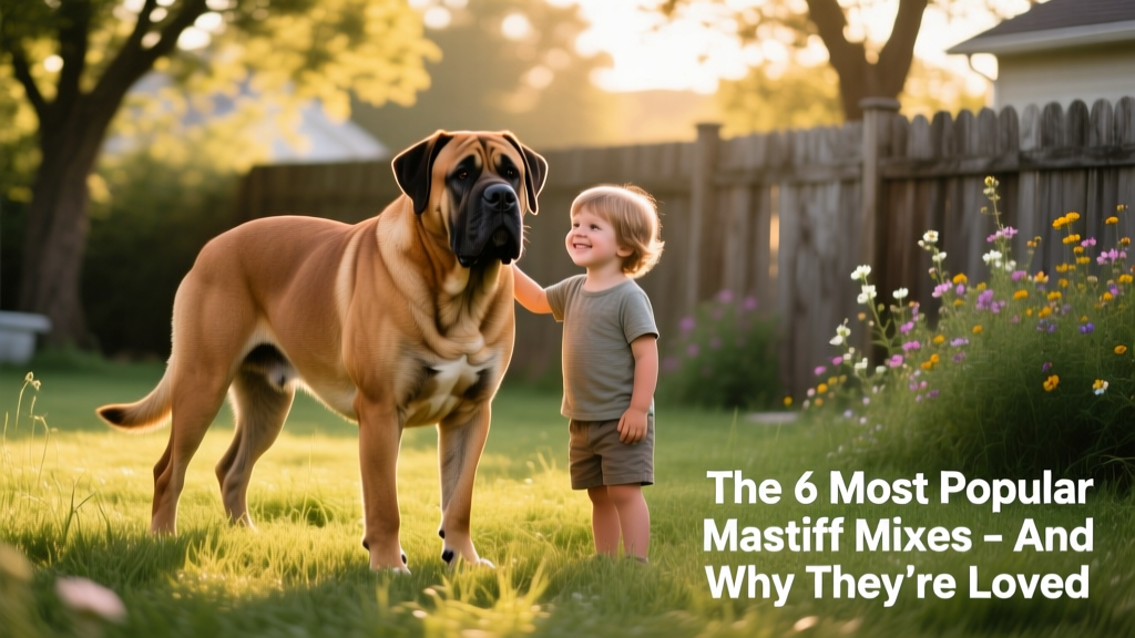A large, muscular Daniff standing calmly beside a child in a grassy backyard