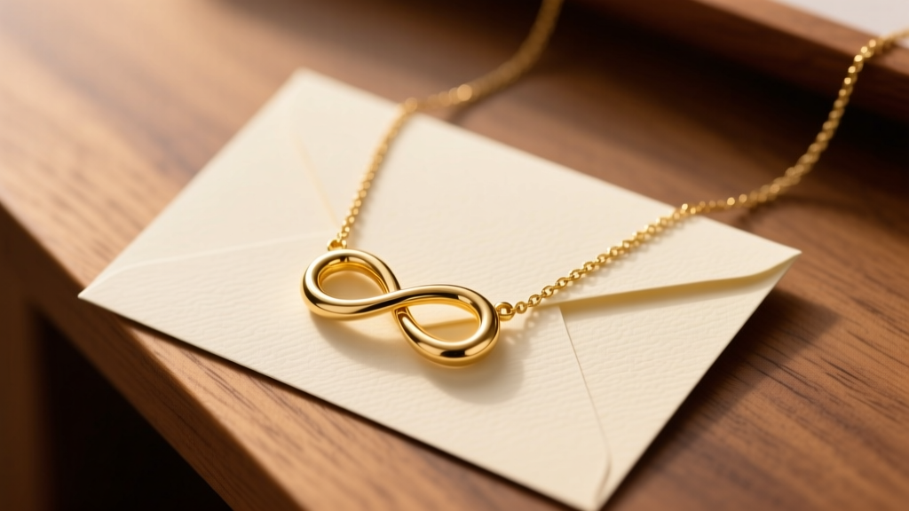 Gold-plated infinity pendant necklace resting on a textured cream message card, softly lit on a wooden desk, top-down view.