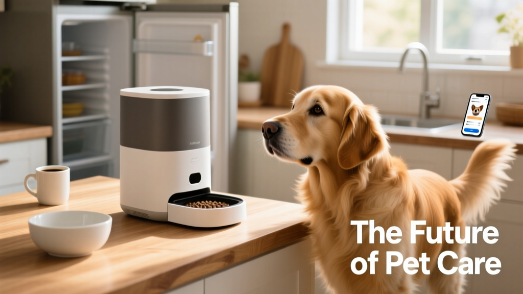 An automatic pet feeder on a kitchen counter with a bowl nearby and a dog looking expectantly