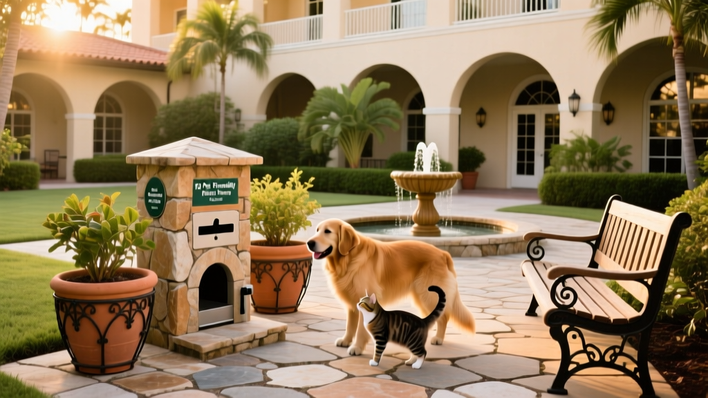 Well-maintained courtyard with pet relief station, benches, and potted plants