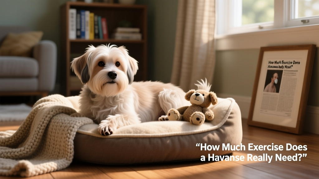 A senior Havanese resting comfortably beside a cozy dog bed with a soft toy nearby