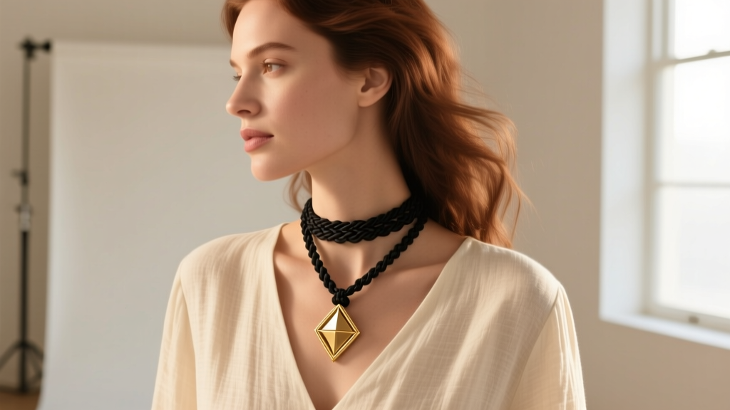 Side profile of woman wearing black macrame slip knot necklace with gold geometric pendant over a cream linen V-neck blouse