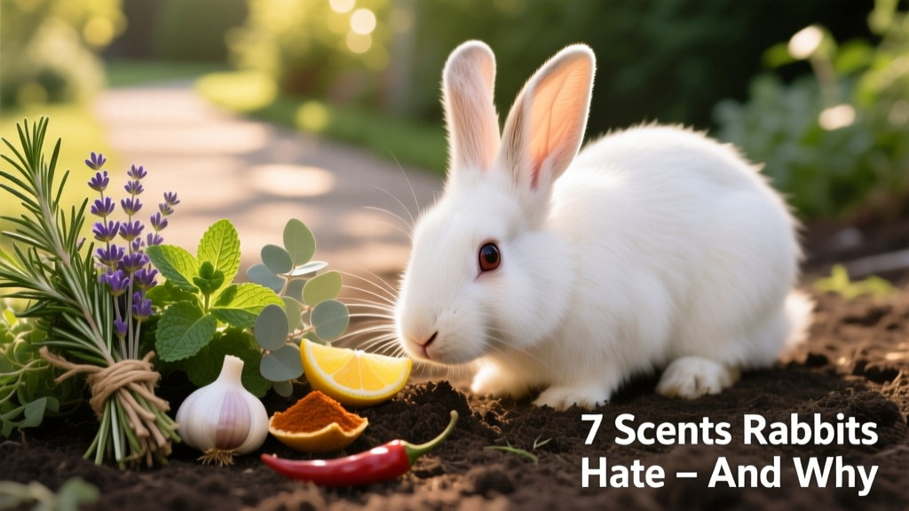 Close-up of a rabbit sniffing cautiously at a patch of soil near pungent herbs like rosemary and mint