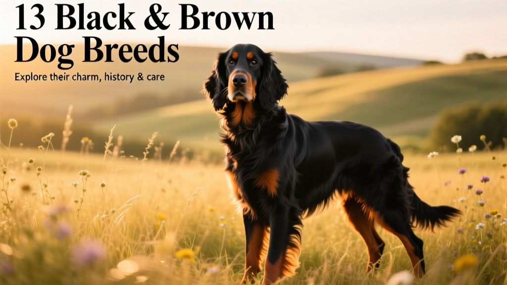 A regal Gordon Setter standing in a sunlit field, showing its rich black coat with dramatic chestnut markings on the legs, muzzle, and eyebrows