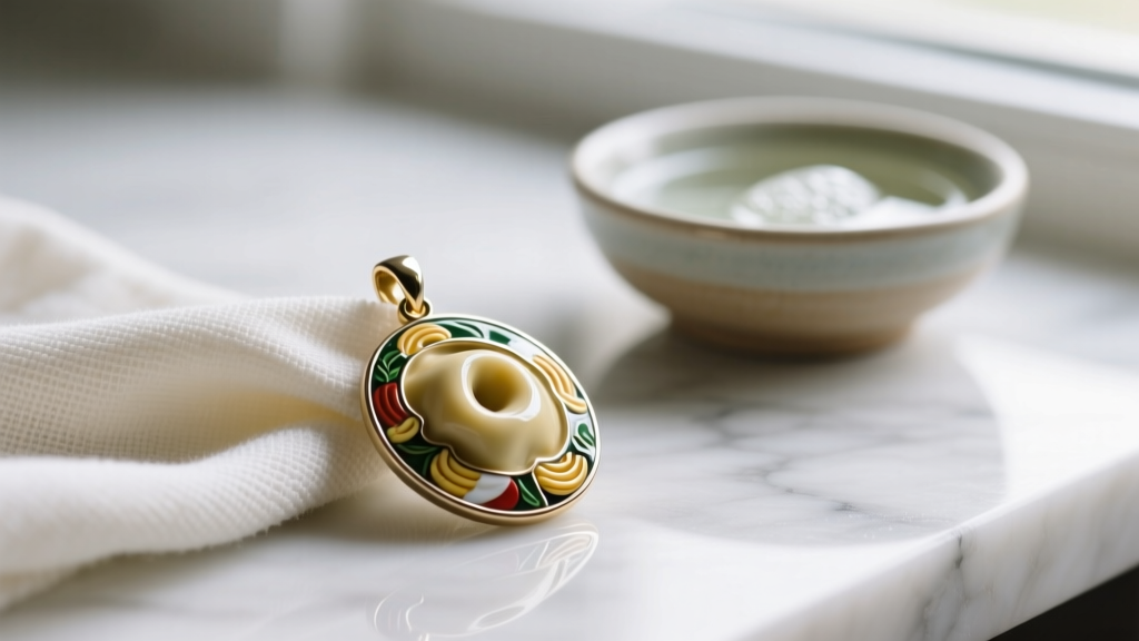 Microfiber cloth gently wiping an enameled metal ravioli pendant, with mild soapy water in a small bowl blurred in the background.