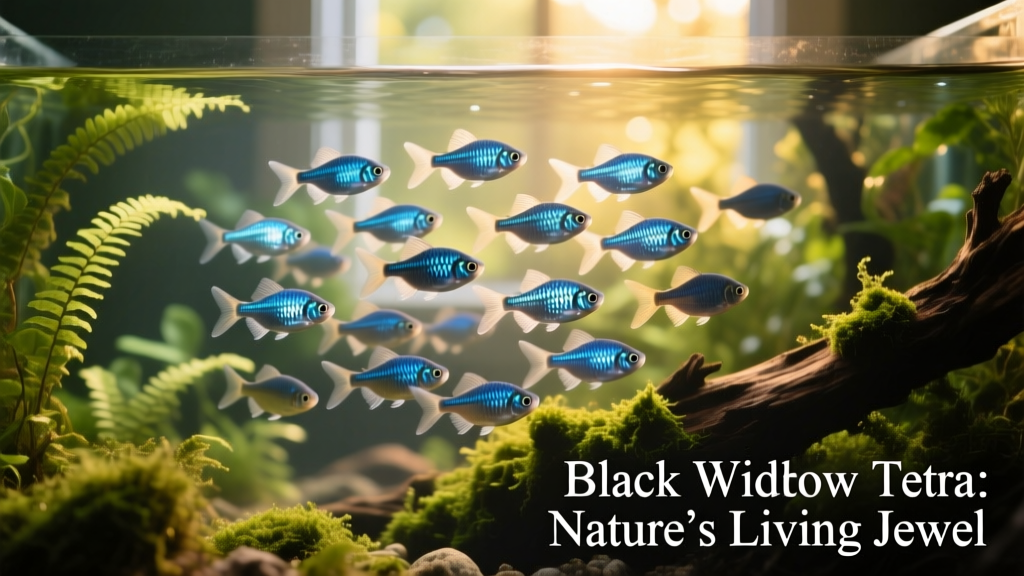 A school of black widow tetras swimming together in a well-planted aquarium