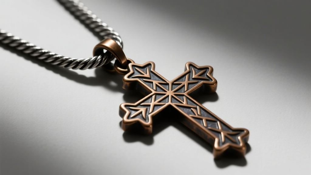 2.5mm oxidized silver rope chain passing through the bail of a heavy bronze Jerusalem cross against a neutral grey backdrop.