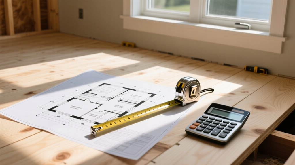 Architectural blueprints on a plywood subfloor next to a tape measure and calculator at a sunny residential framing site