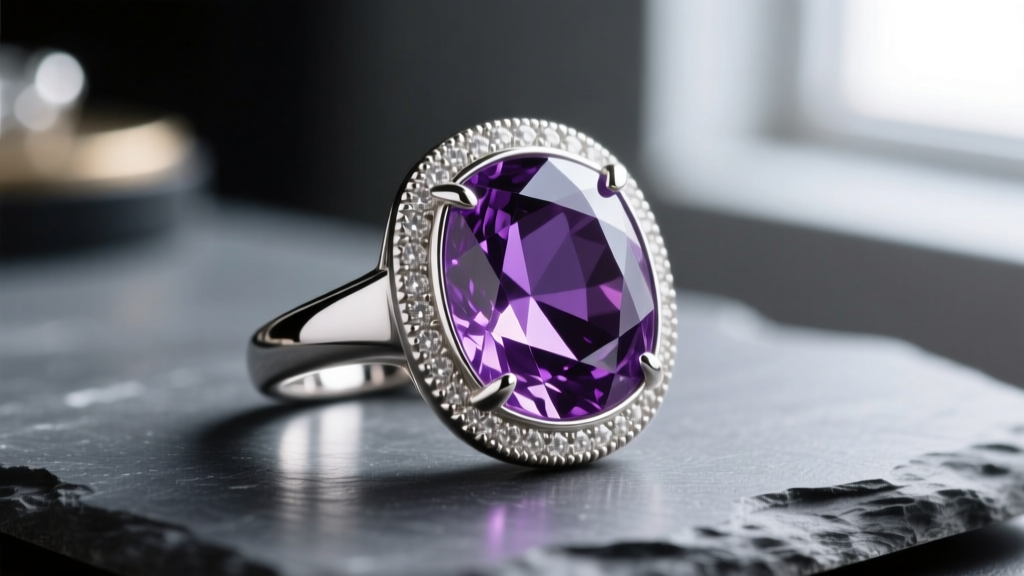 Jeweler bench view of a bezel-set amethyst crystal jewelry ring in platinum, highlighting the protective metal rim over the girdle.