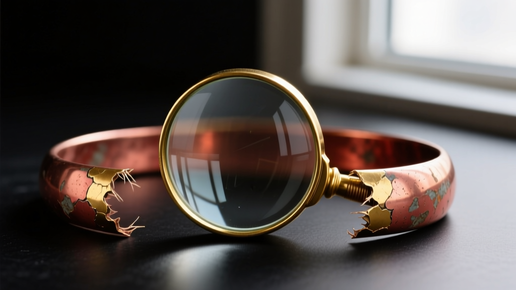 Macro shot of a loupe inspecting a worn gold plated copper bangle edge, revealing the reddish base metal beneath the thin surface.