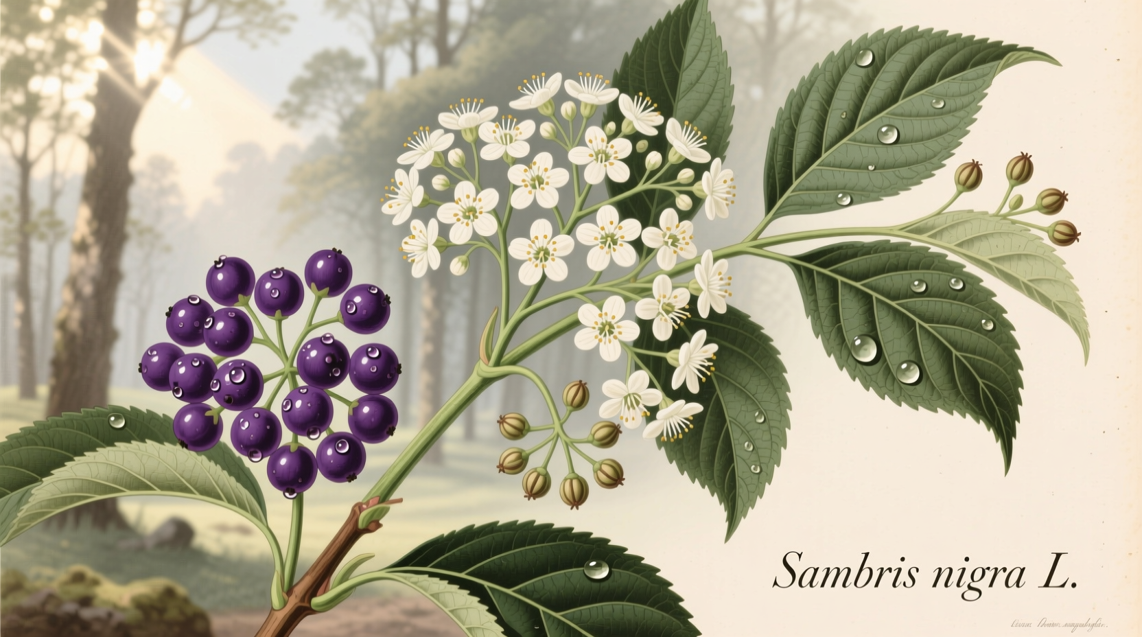 Fresh purple elderberries on branch with white flowers