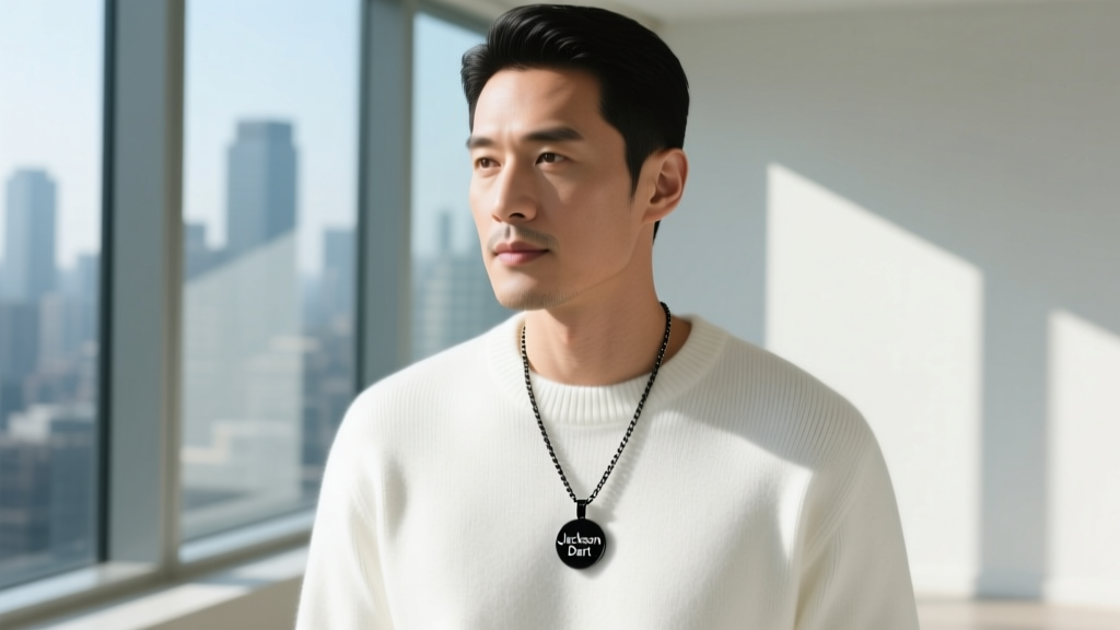 Man wearing a matte black steel Jackson dart pendant on a 2mm box chain, styled with a white crewneck shirt in soft daylight.