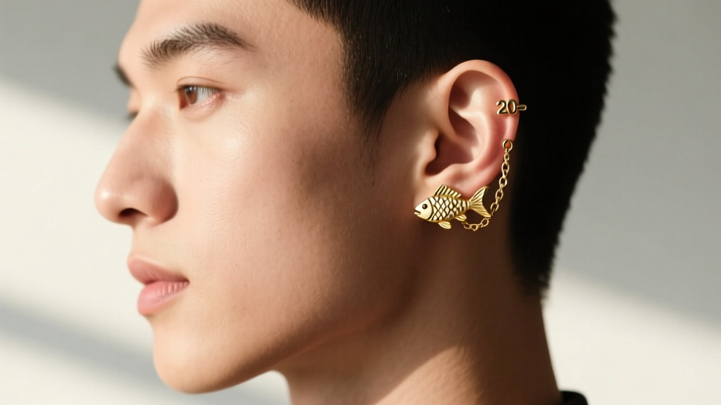 Close-up profile portrait of a person wearing a small 20-gauge gold skeleton fish ear cuff on upper helix cartilage, natural light