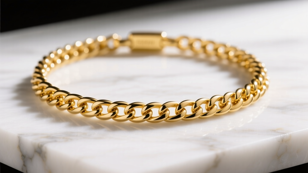 Macro photography of a solid 14k yellow gold herringbone chain choker, catching warm studio light on a white marble surface.