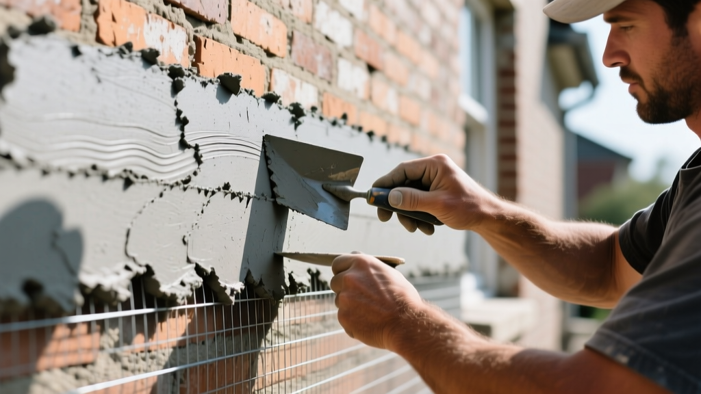 Mason troweling thick gray polymer-modified stone veneer mortar mix onto a wire lath scratch coat on an exterior wall