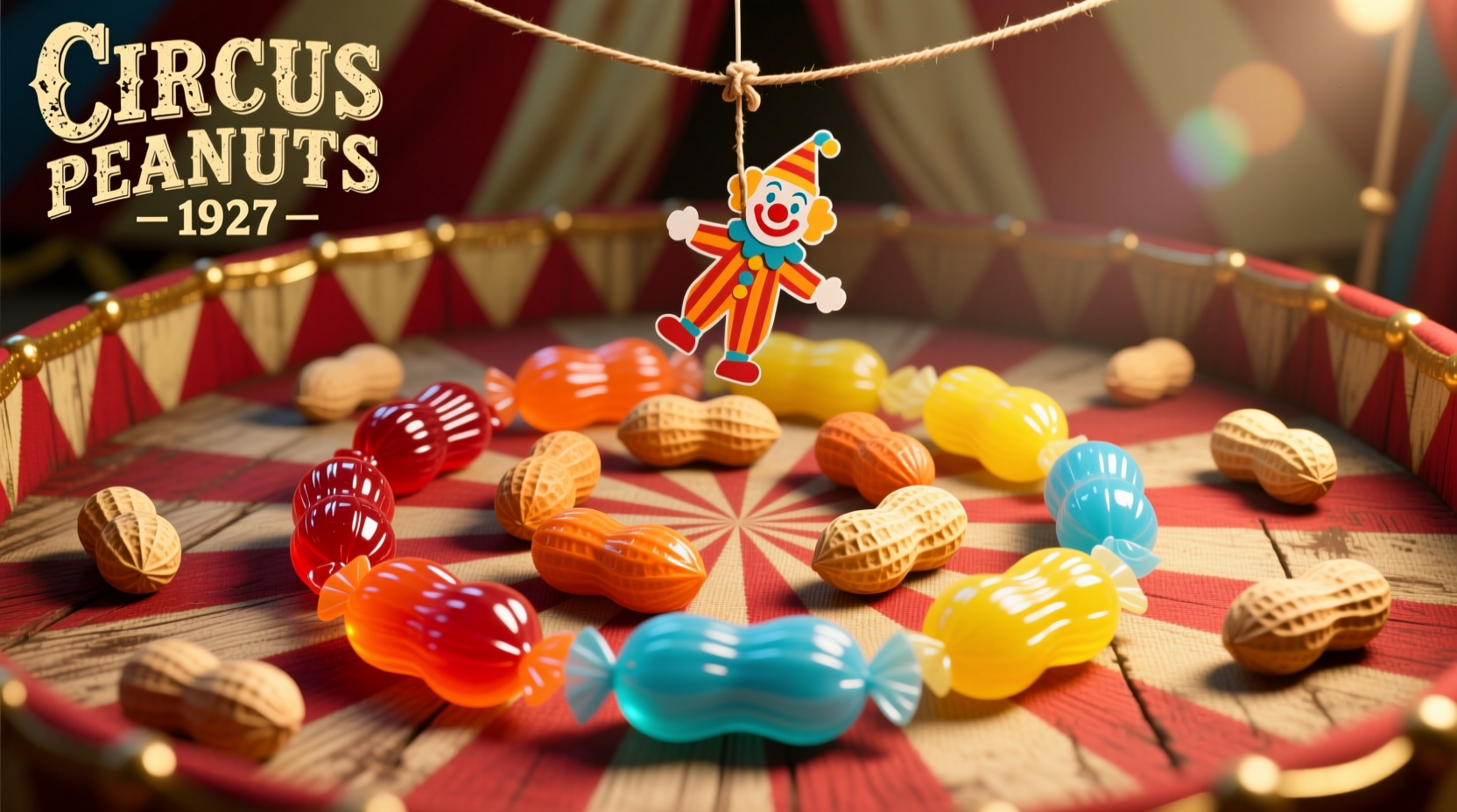 Colorful orange circus peanuts candy arranged in vintage circus theme