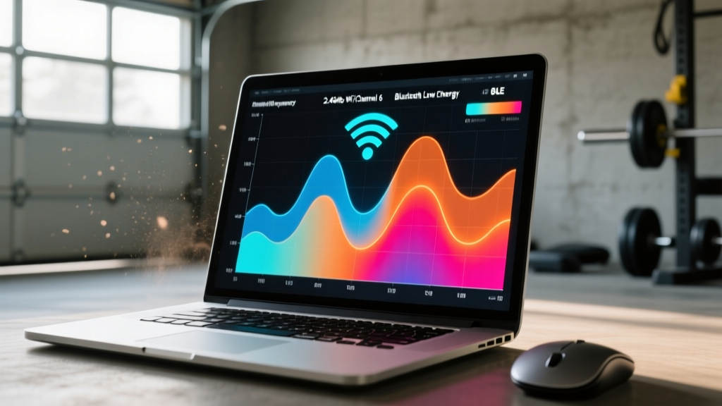 Heatmap visualization on a laptop screen showing 2.4GHz Wi-Fi channel 6 overlapping with Bluetooth Low Energy frequencies in a garage gym