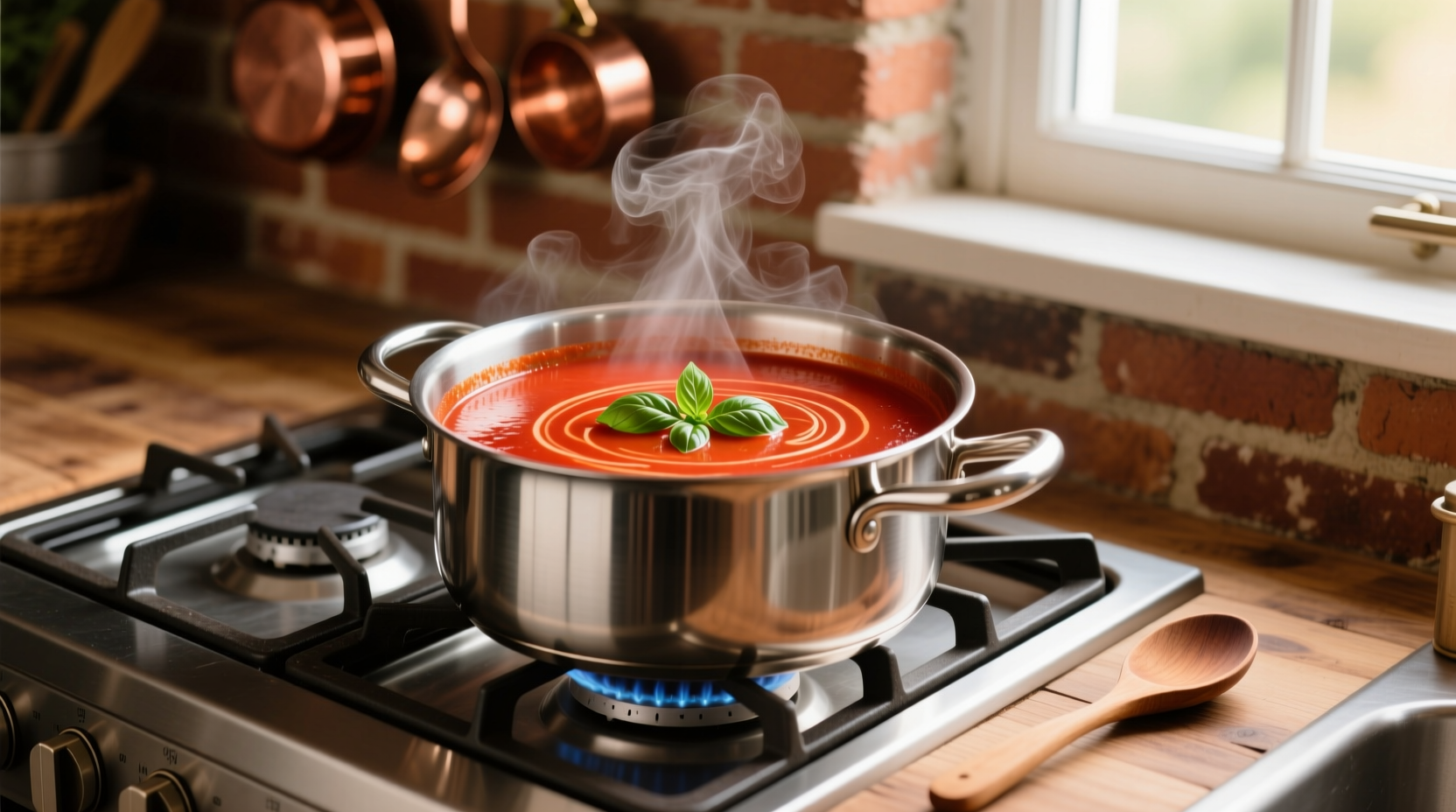 Vegan tomato soup simmering in stainless steel pot