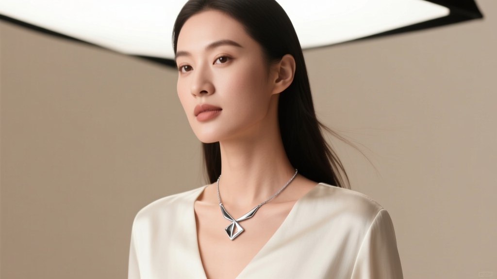Woman wearing a hypoallergenic platinum pendant necklace on her collarbone, soft studio lighting emphasizing the bright metal glow