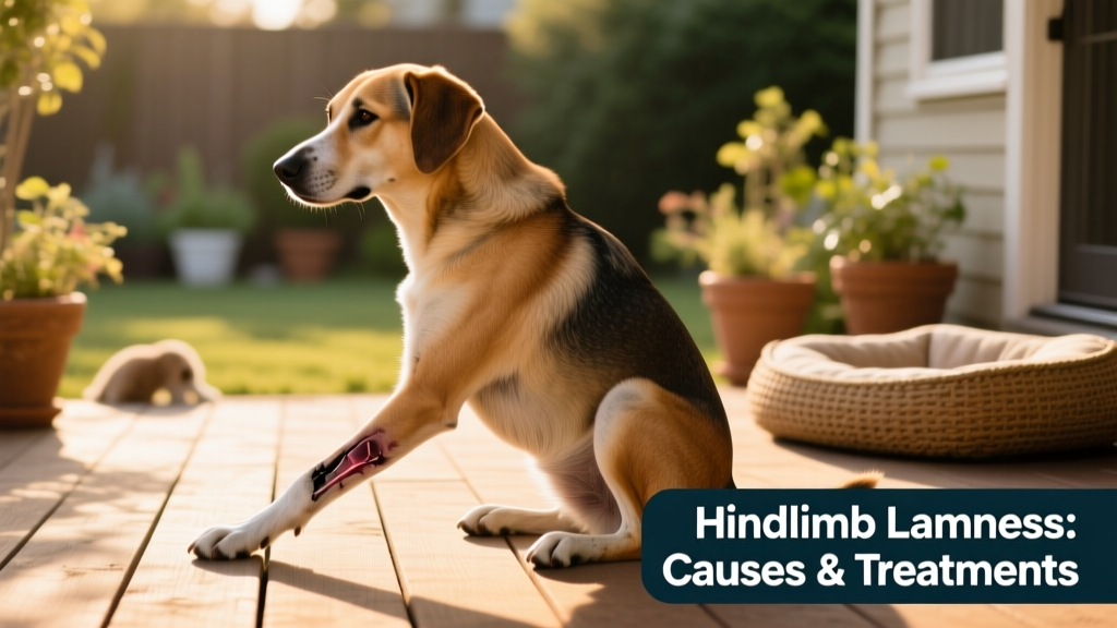 Side view of a dog sitting with one hind leg extended outward, illustrating abnormal posture associated with hock or stifle discomfort