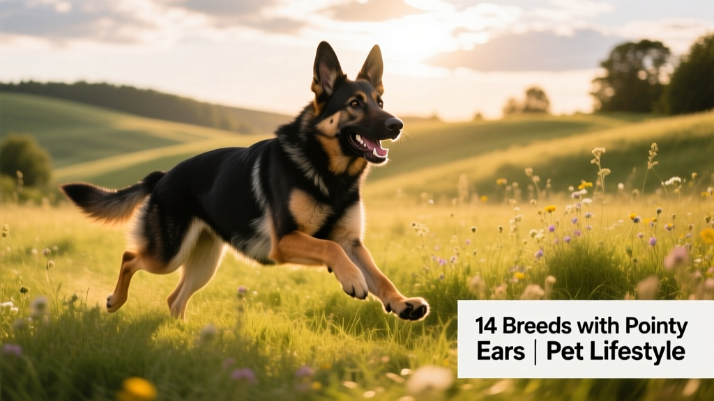 German Shepherd running joyfully across a sun-dappled meadow, ears lifted and alert, muscles rippling