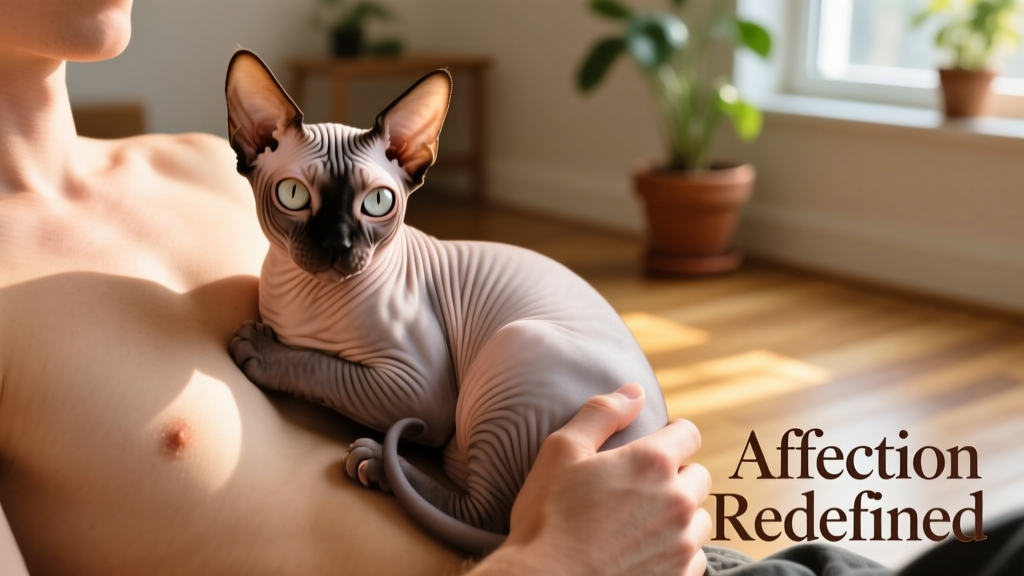 Sphynx cat nestled warmly against a person's chest, skin smooth and warm, eyes alert and affectionate