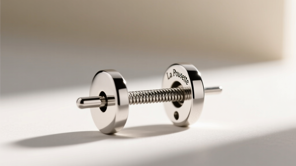 Side profile of a platinum earring post with a La Pousette locking backing, showing the mechanical spring gripping the post notch.