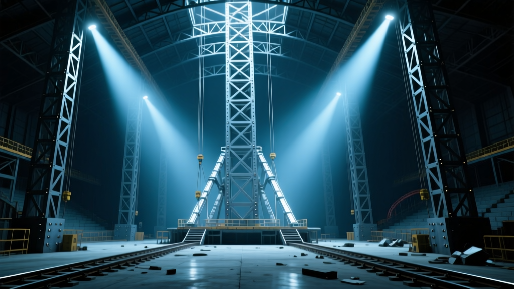 Massive steel superstructure and trackless ride foundation inside a dark, cavernous theme park show building under bright construction work lights