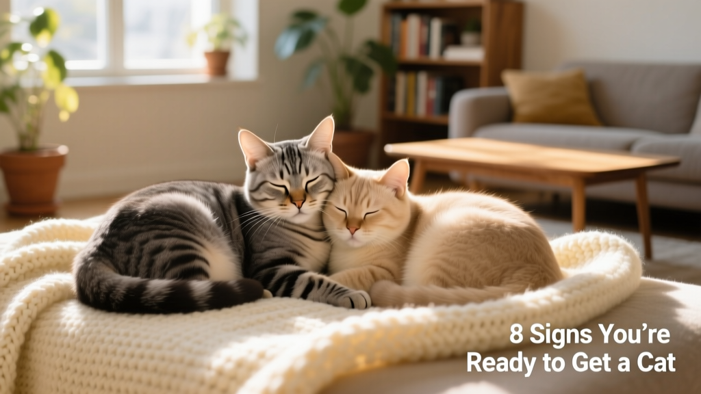 Two calm adult cats curled up together on a cozy blanket, showing trust and comfort