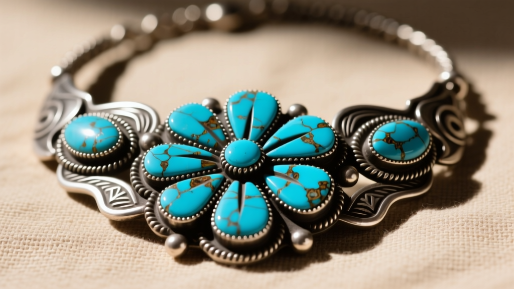 Close-up of a Native American squash blossom necklace featuring high-grade blue turquoise set in oxidized sterling silver
