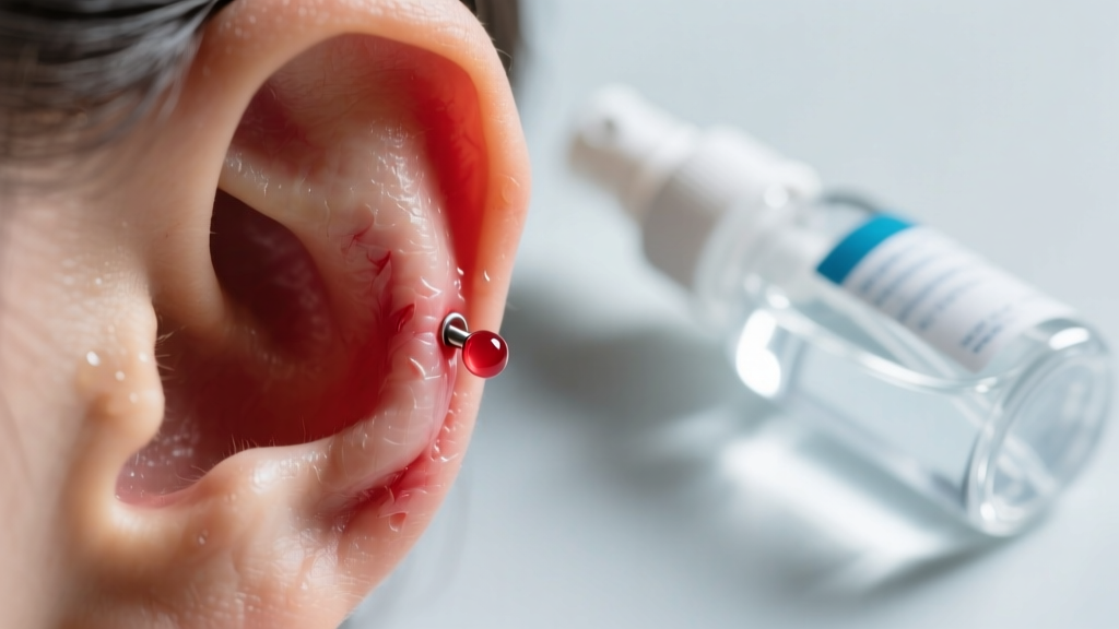 Close-up of a swollen earlobe piercing with a sterile saline spray bottle in the soft background under bright clinical lighting.