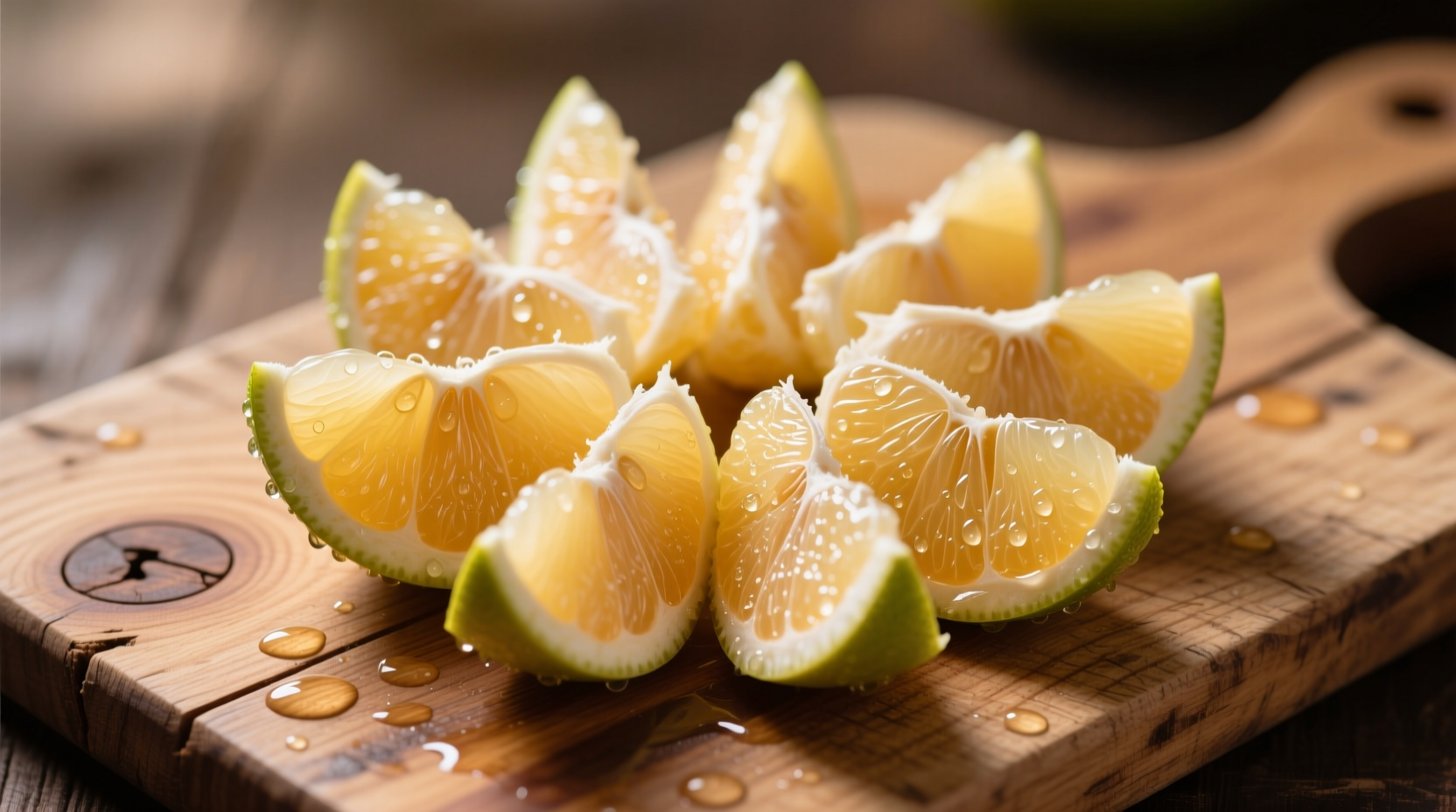 Freshly peeled pomelo segments on wooden cutting board