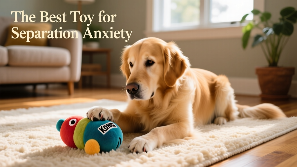 A calm, relaxed dog gently interacting with a stuffed KONG toy on a cozy rug